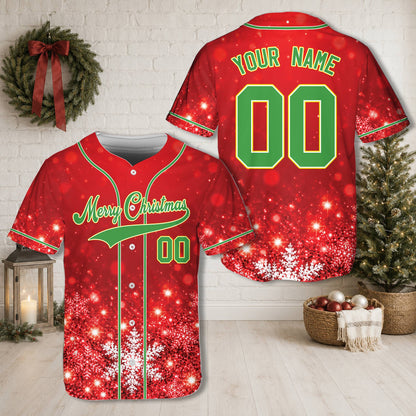 Personalized green christmas baseball jersey with glowing snowflakes and custom name and number, main view