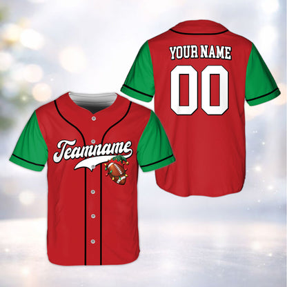 Front view of green christmas baseball jersey displaying festive football graphics