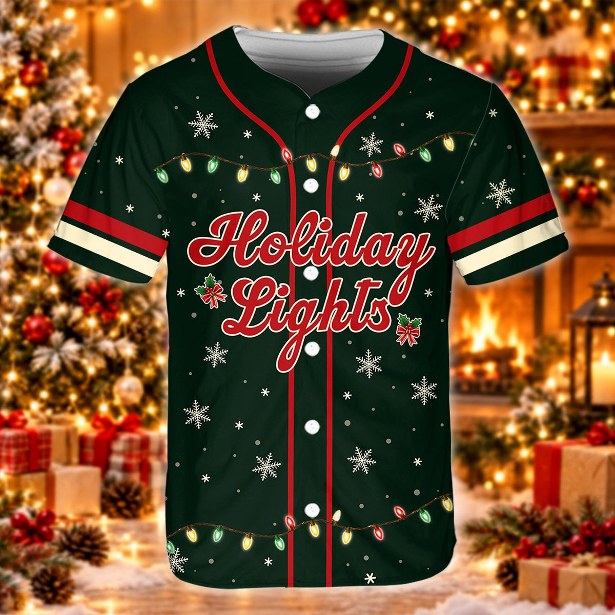 Another close-up front view detailing the red script on the christmas baseball jersey