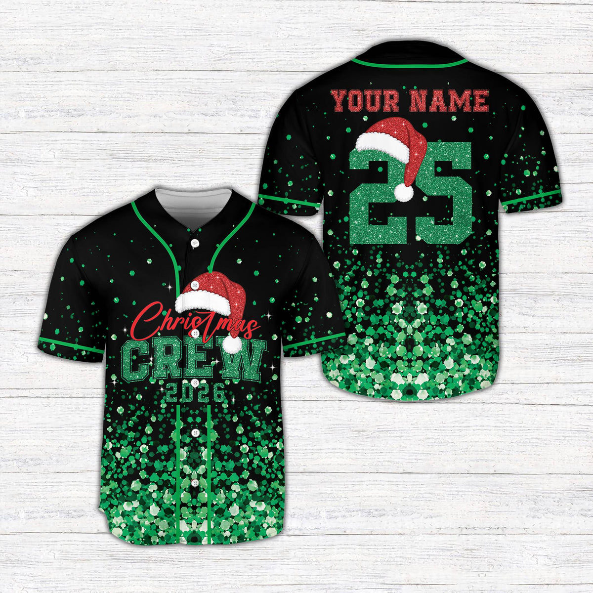 Personalized green christmas baseball jersey front view