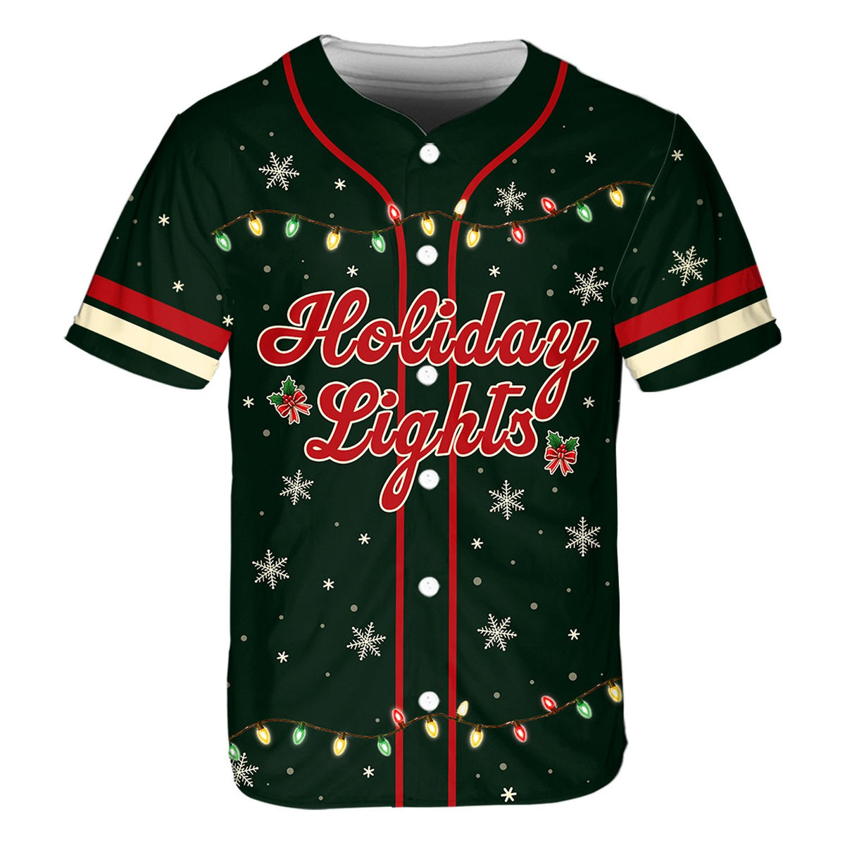 Dark green christmas baseball jersey featuring red holiday lights script and custom details, main view
