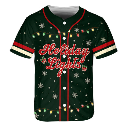 Dark green christmas baseball jersey featuring red holiday lights script and custom details, main view