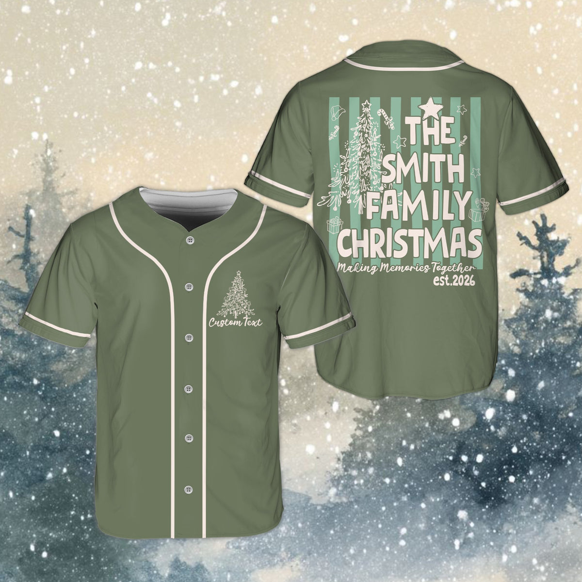 Lifestyle view of someone wearing a green personalized christmas baseball jersey