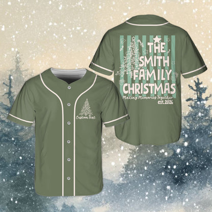 Lifestyle view of someone wearing a green personalized christmas baseball jersey