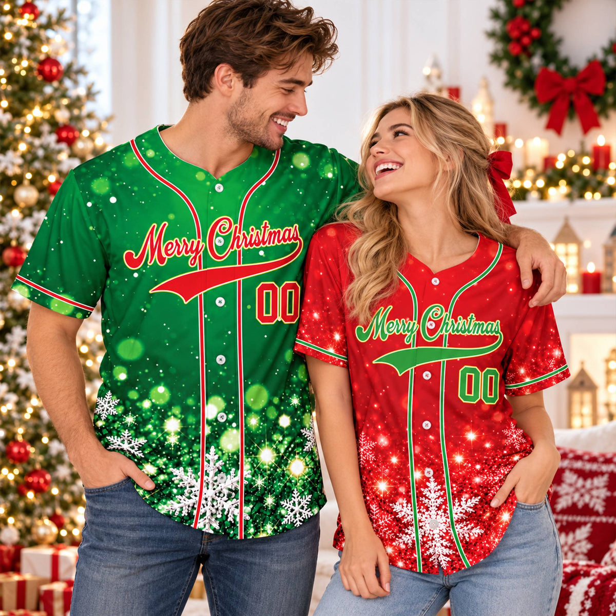 Lifestyle view of someone wearing the personalized christmas baseball jersey