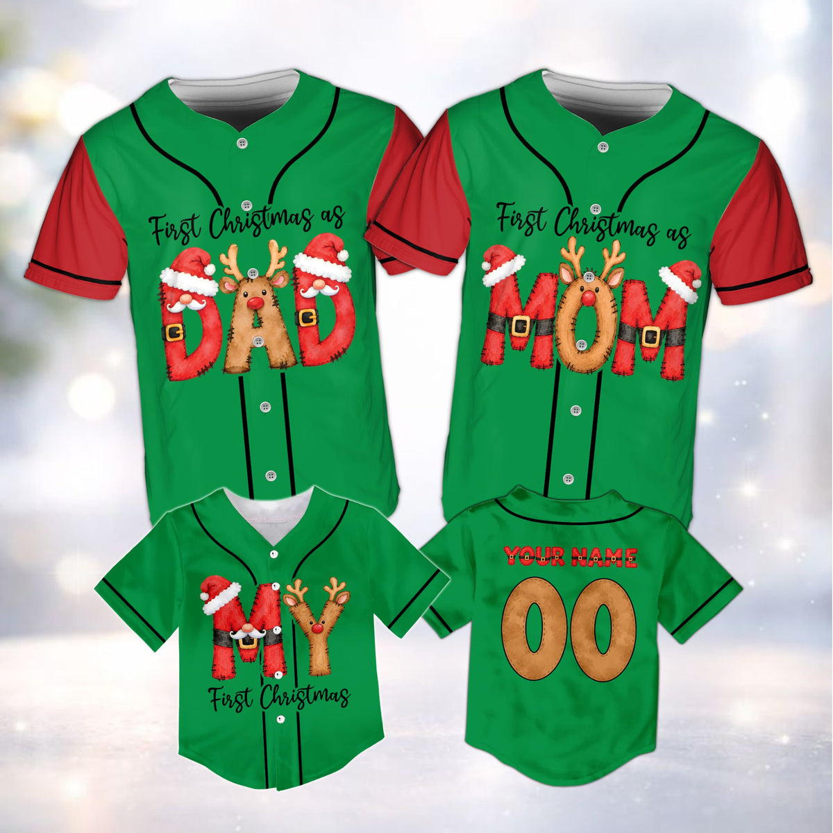 Green personalized baseball jersey modeled in a holiday lifestyle view