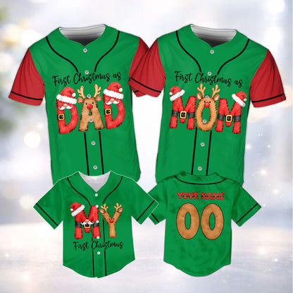 Green personalized baseball jersey modeled in a holiday lifestyle view