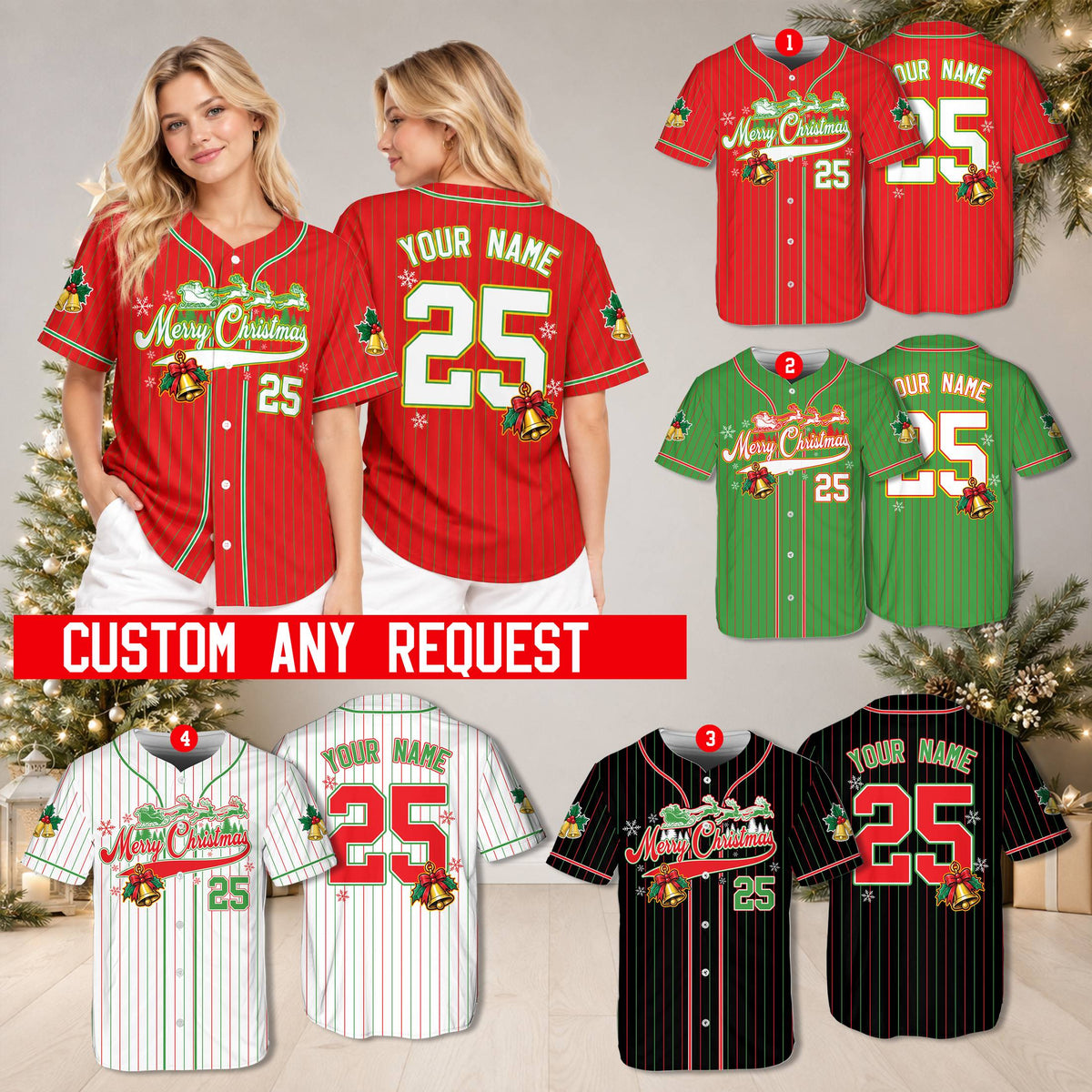 Lifestyle view of a person wearing the personalized christmas baseball jersey