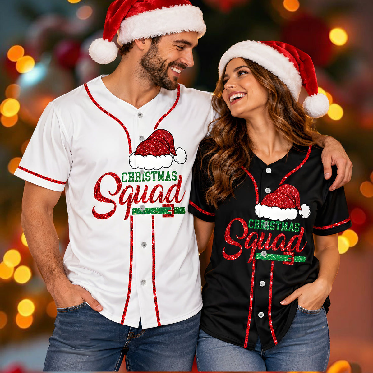 Lifestyle shot of a person wearing the personalized Christmas baseball jersey