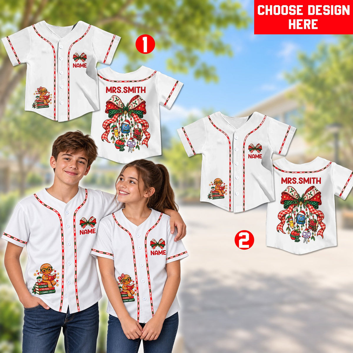 Lifestyle view of someone wearing the personalized gingerbread christmas baseball jersey