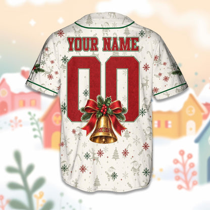 Back view of white christmas baseball jersey showing custom name, number, and golden bell design