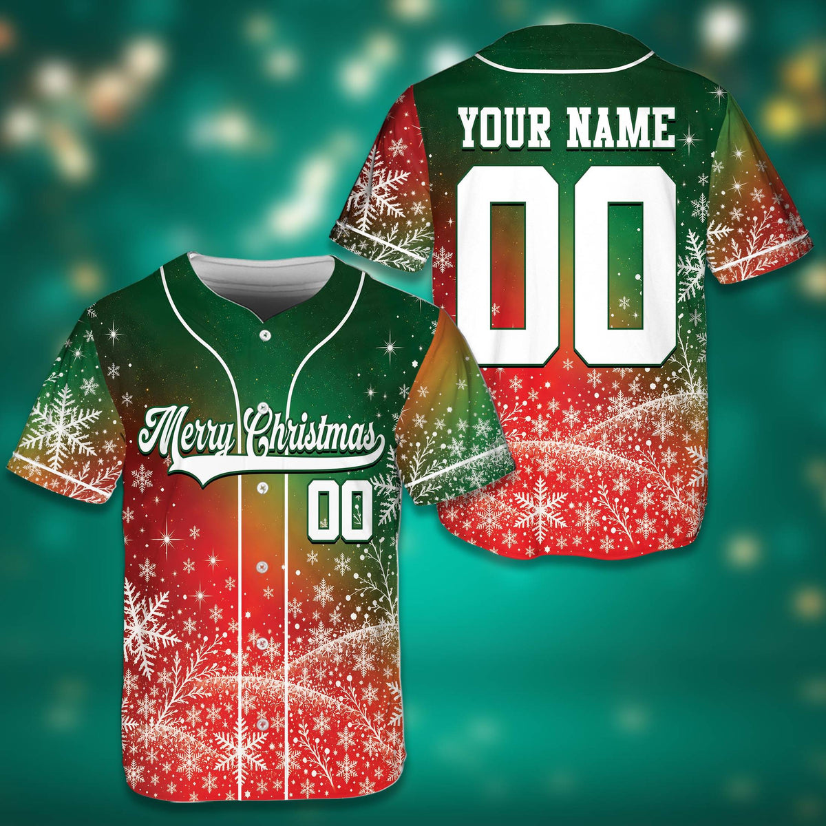 Personalized christmas baseball jersey with red and green snowflake design, main view