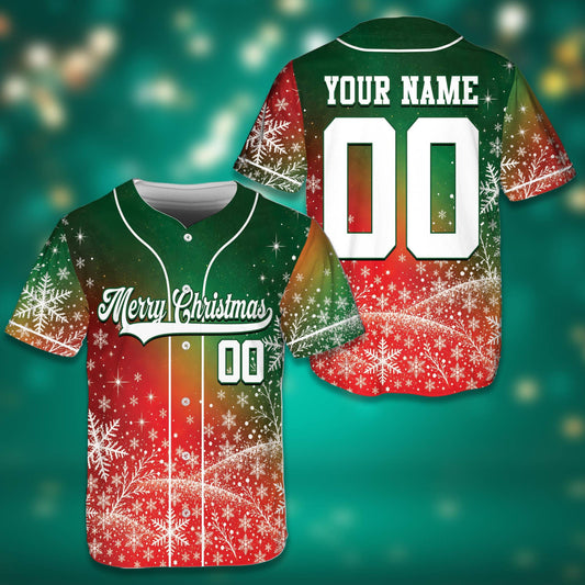 Personalized Christmas baseball jersey featuring red and green gradient with custom name and number, main view