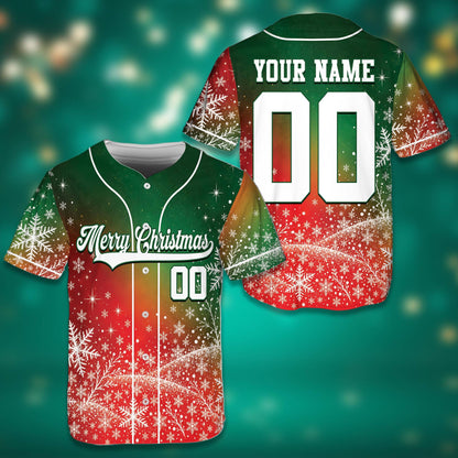 Front view of the personalized christmas baseball jersey showing Merry Christmas script