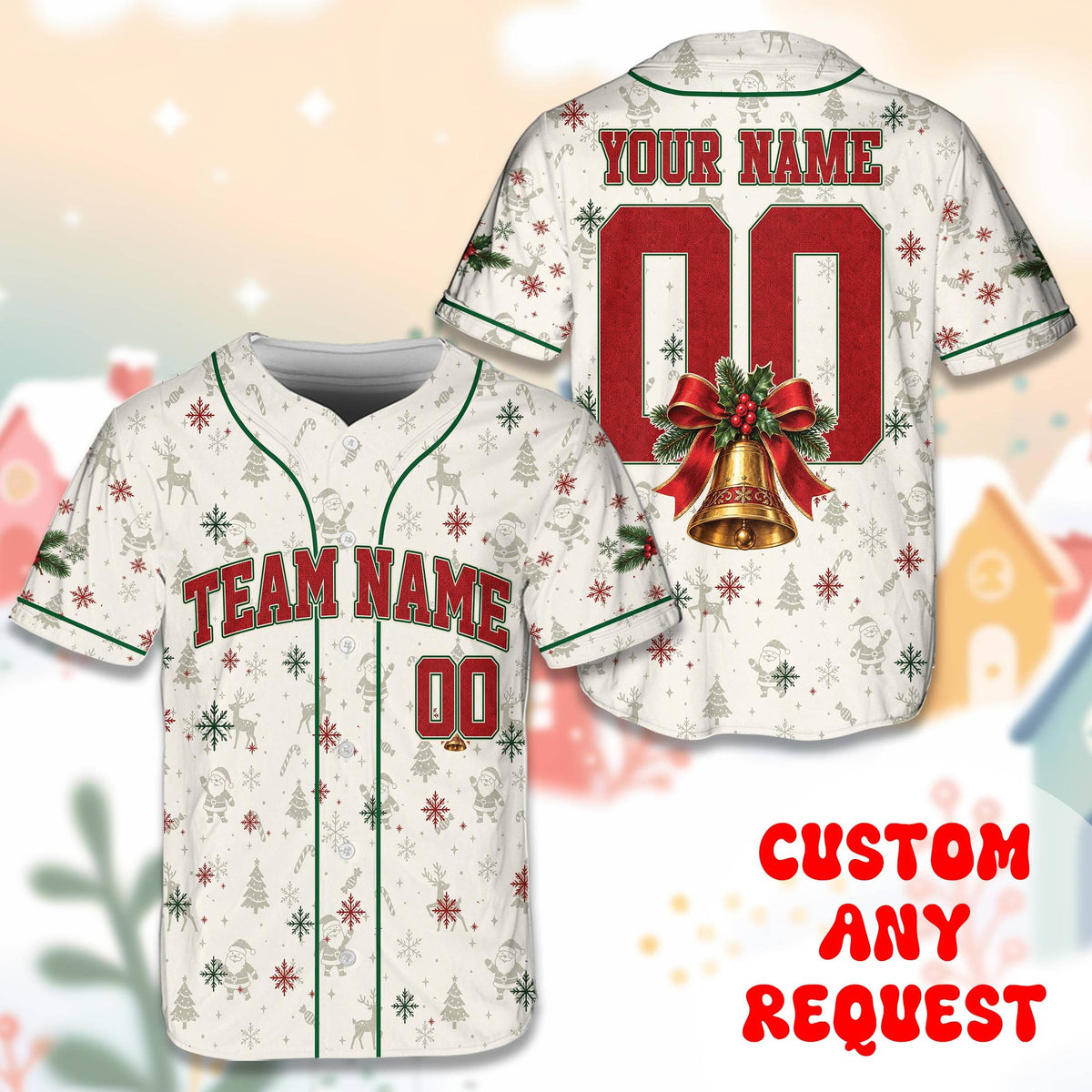 Front view of personalized white christmas baseball jersey with holiday pattern and custom team name