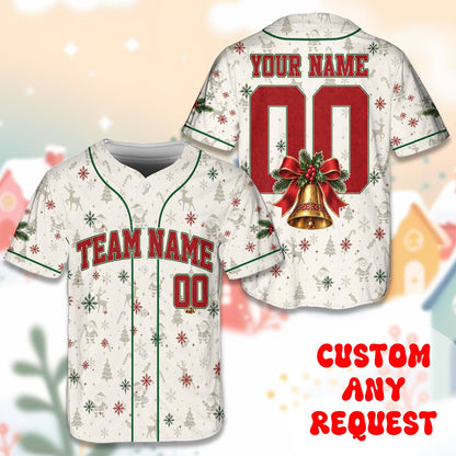 Front view of personalized white christmas baseball jersey with holiday pattern and custom team name