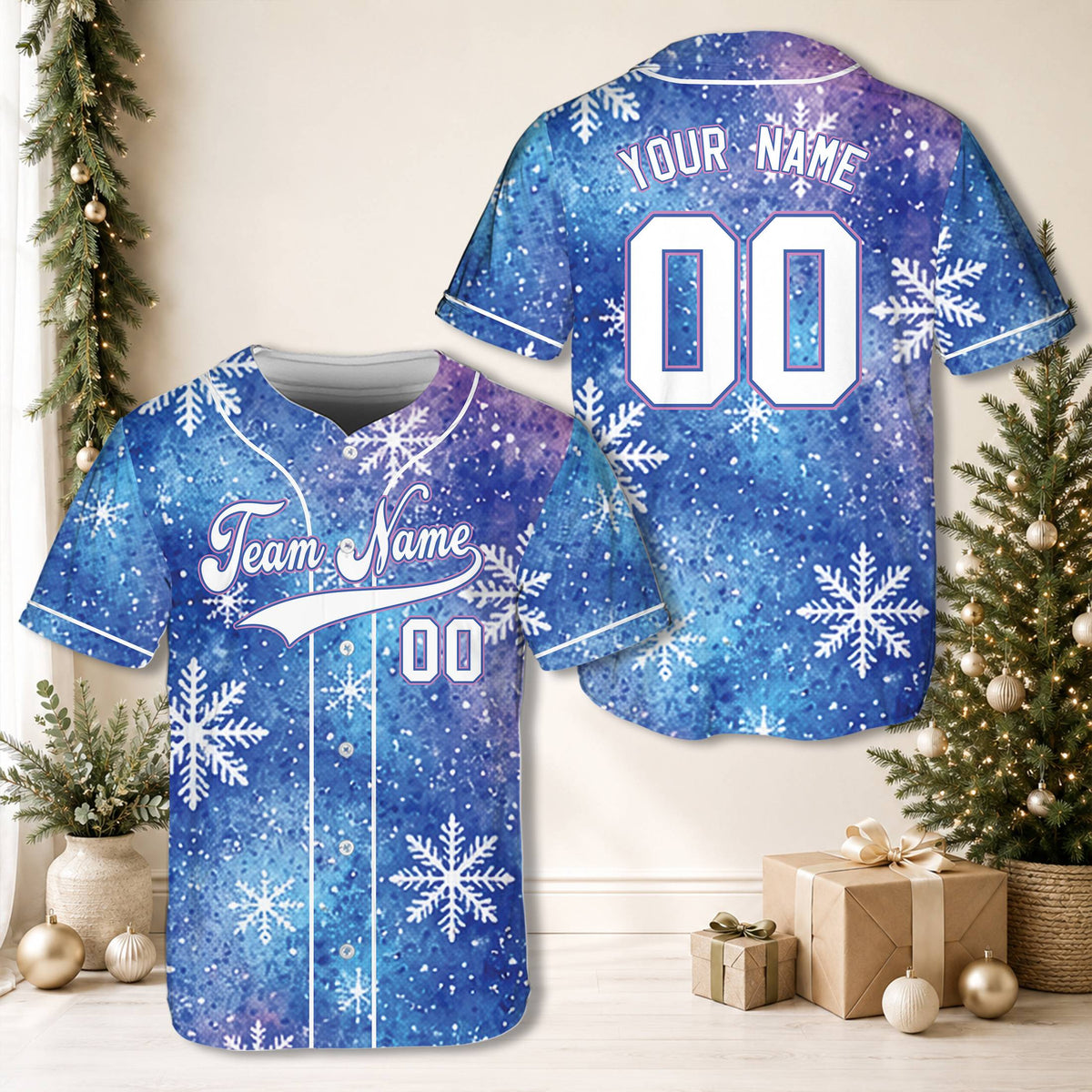 Front view of the custom baseball jersey in blue and purple