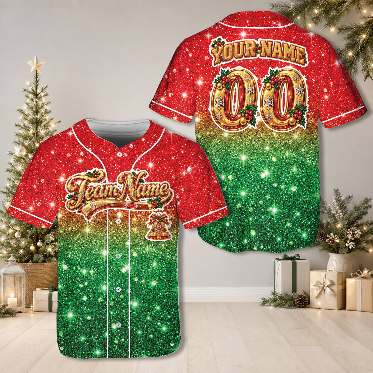 Personalized christmas baseball jersey with red and green ombre design and custom name, main view