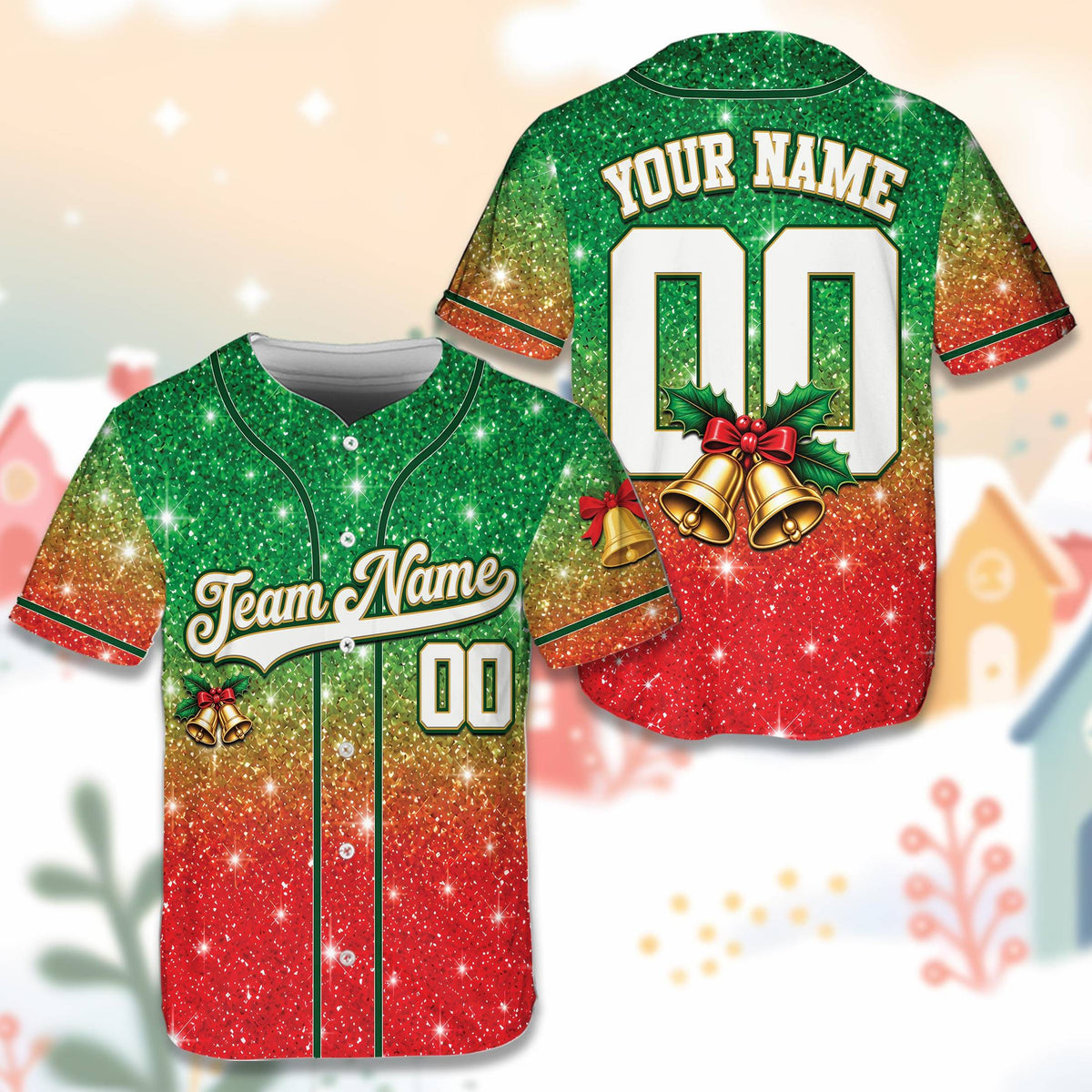 Main view of the personalized christmas baseball jersey featuring bells, holly, and custom name and number