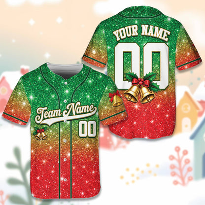 Main view of the personalized christmas baseball jersey featuring bells, holly, and custom name and number