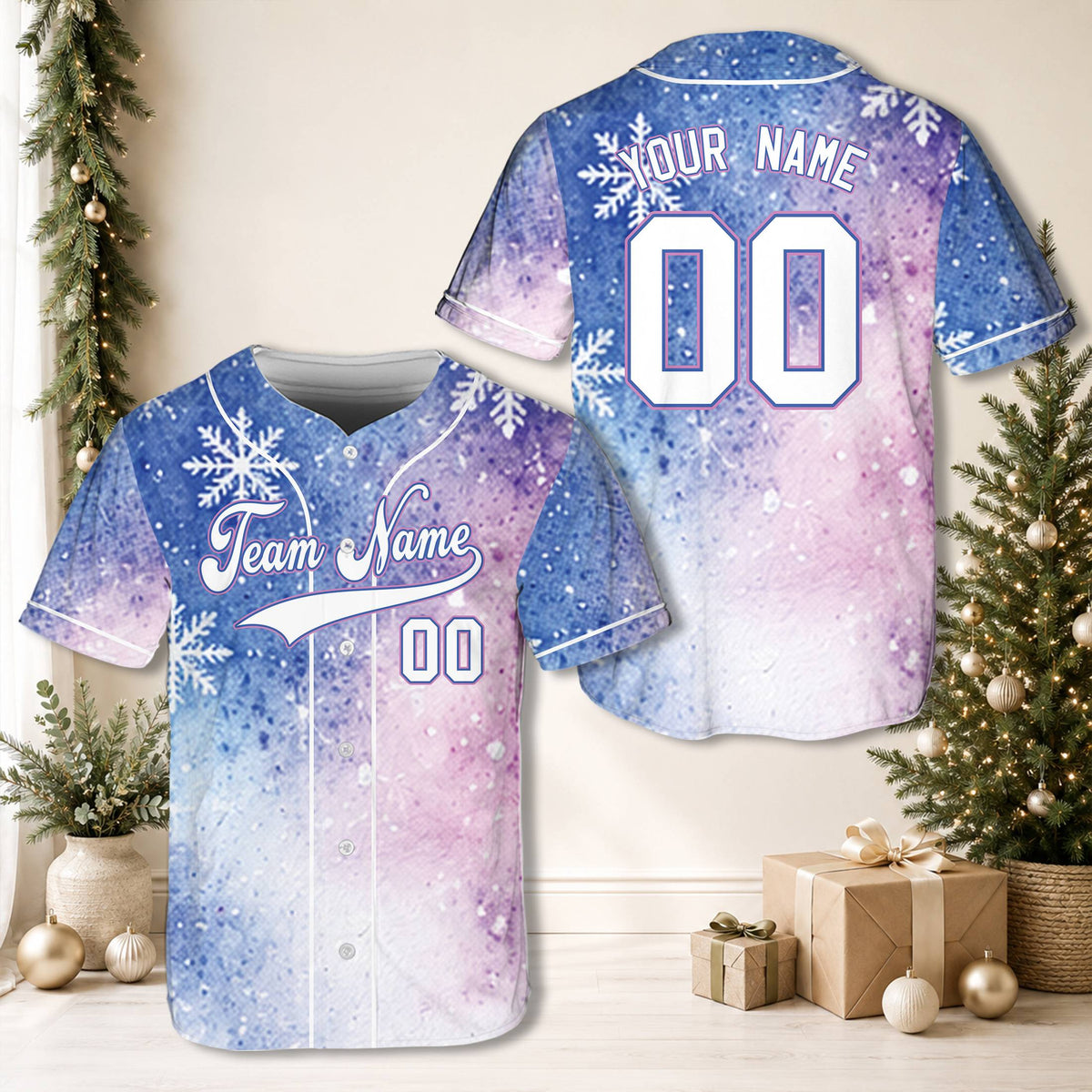 Detailed front view of the starry snowflake baseball jersey