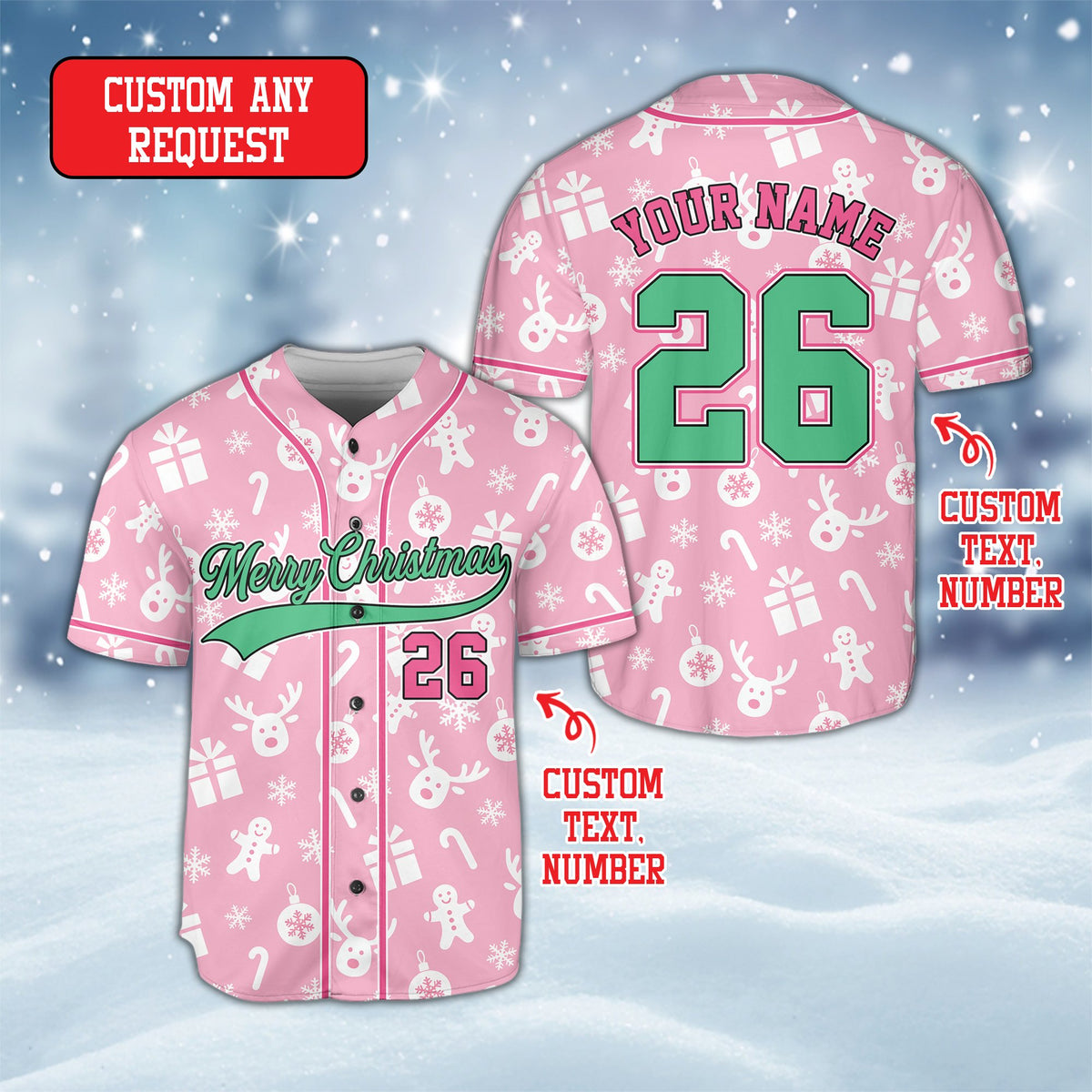 Festive Christmas pattern baseball jersey front view