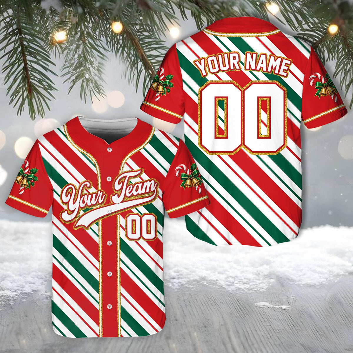 Festive red and green personalized baseball jersey, front view 2