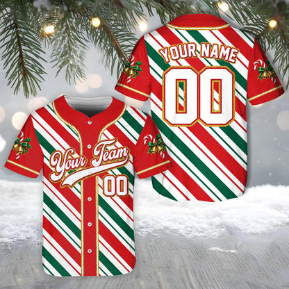 Festive red and green personalized baseball jersey, front view 2