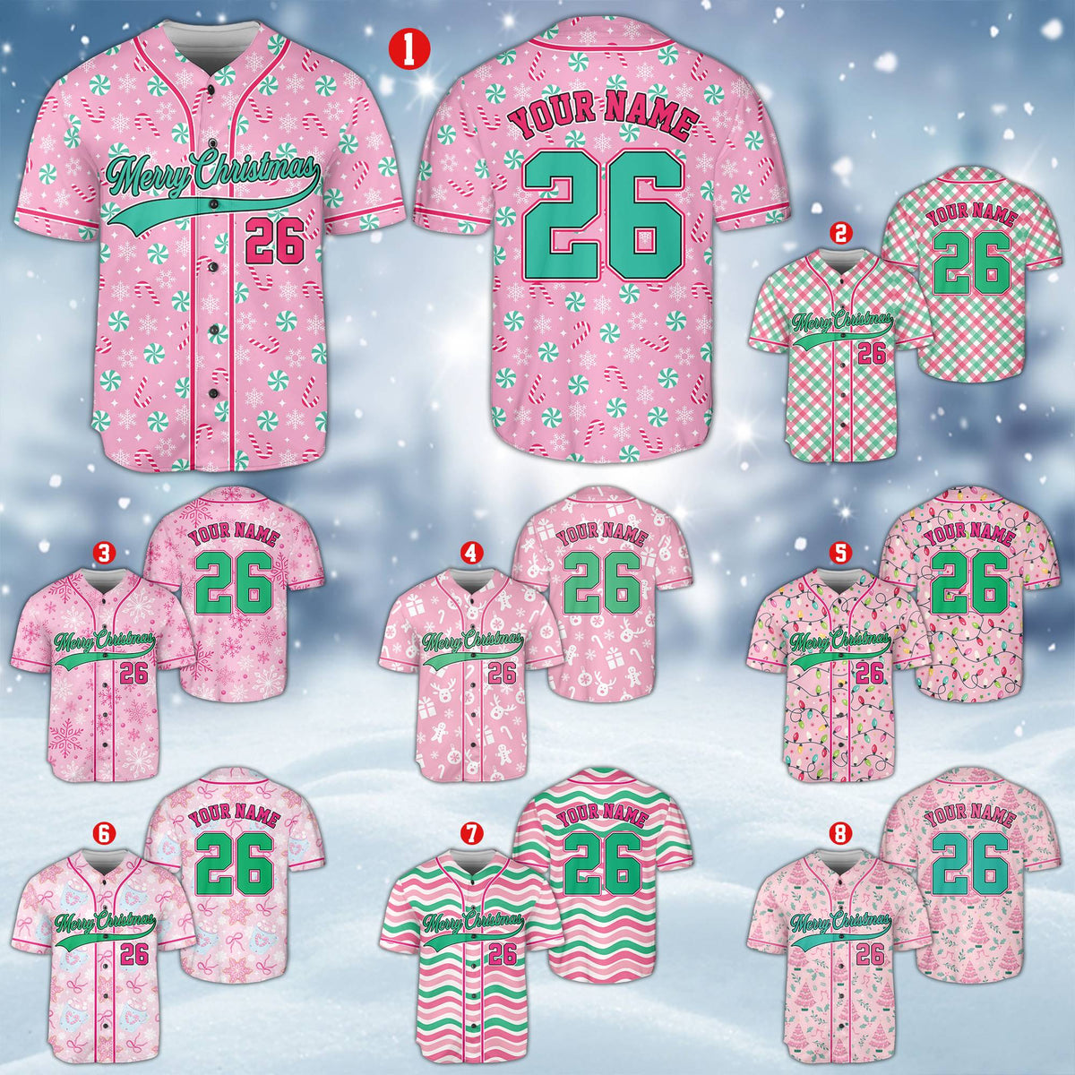 Personalized pink christmas baseball jersey with candy cane and snowflake pattern, main view