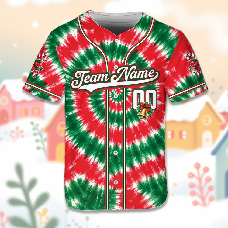 Front view of the personalized christmas baseball jersey featuring a red and green tie-dye pattern and festive accents.
