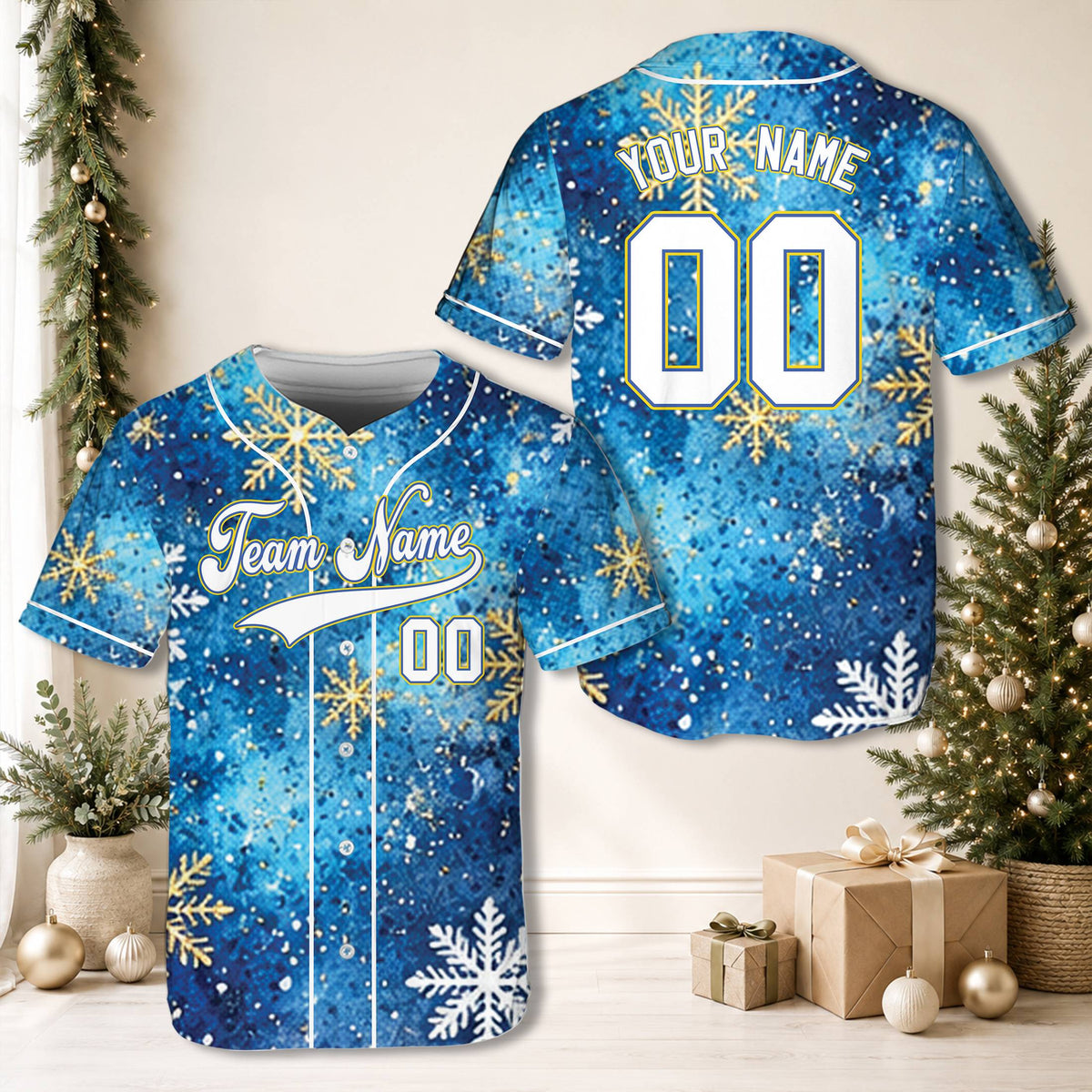 Another front angle of the personalized holiday baseball jersey