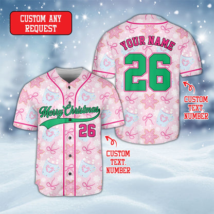 Pink holiday print baseball jersey front view