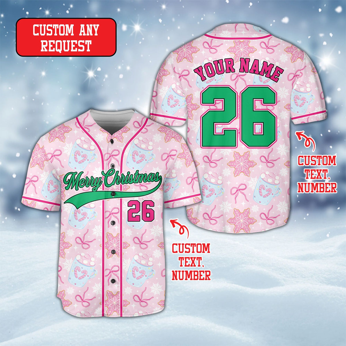 Front view highlighting the Merry Christmas green lettering on the pink jersey
