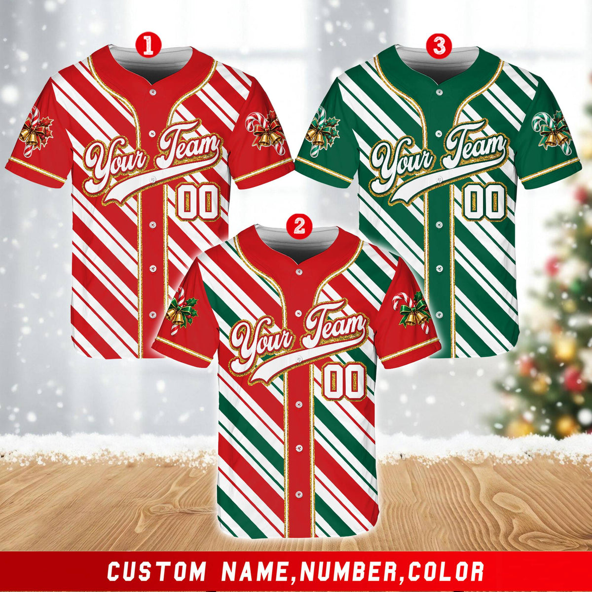 Custom Christmas baseball jersey with name and number, front view 3