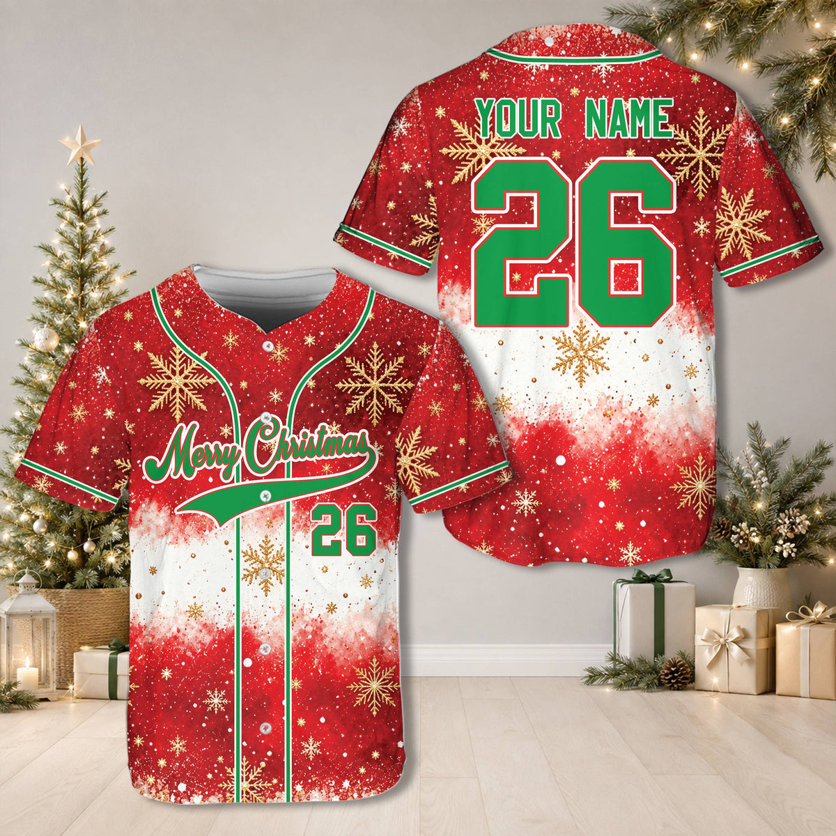 Personalized christmas baseball jersey featuring red and white gradient with custom name and number, main view