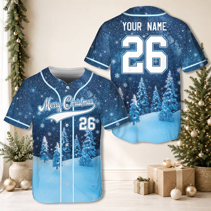 Personalized blue christmas baseball jersey featuring a snowy pine tree scene, front view