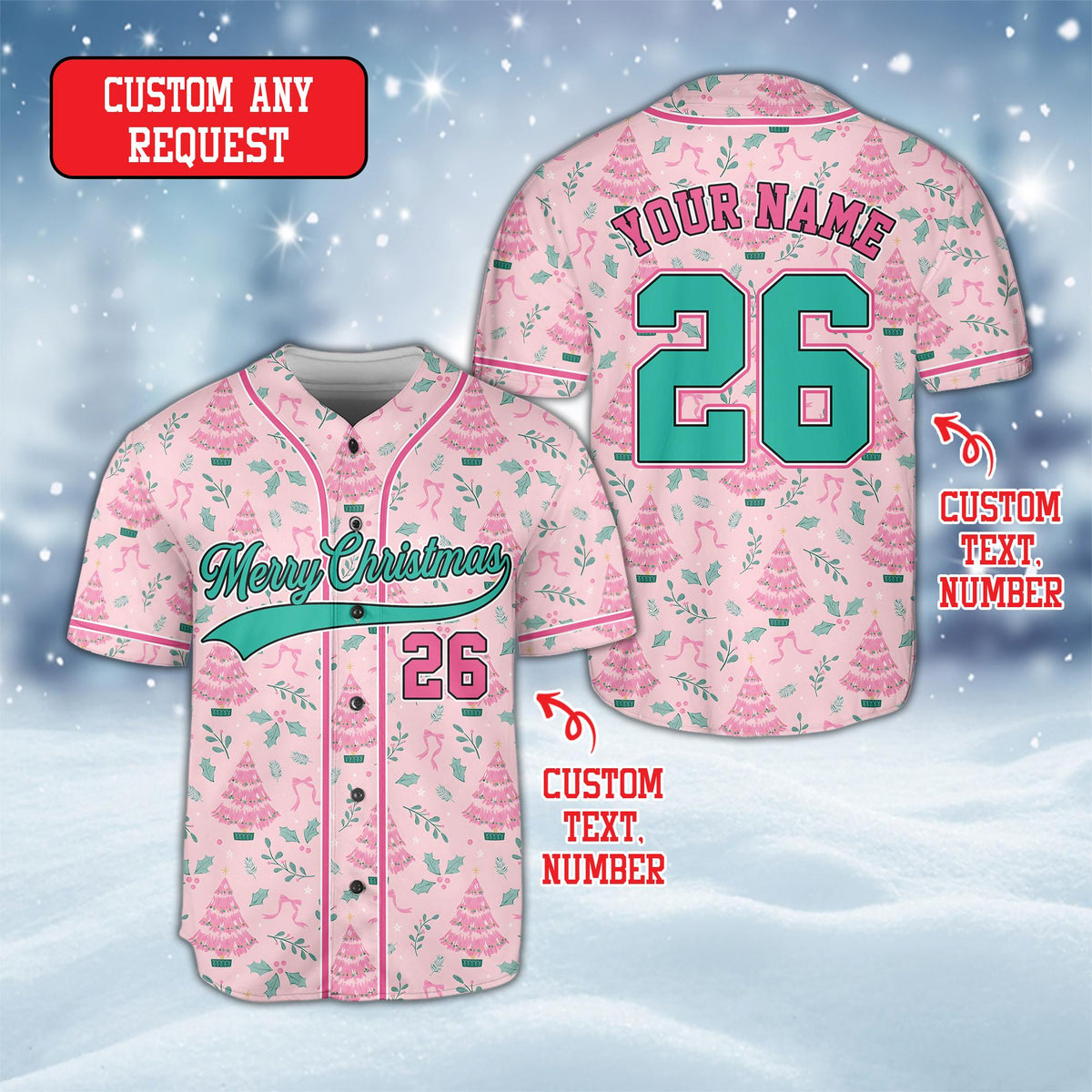 Front view of the personalized holiday baseball jersey with gingerbread men pattern