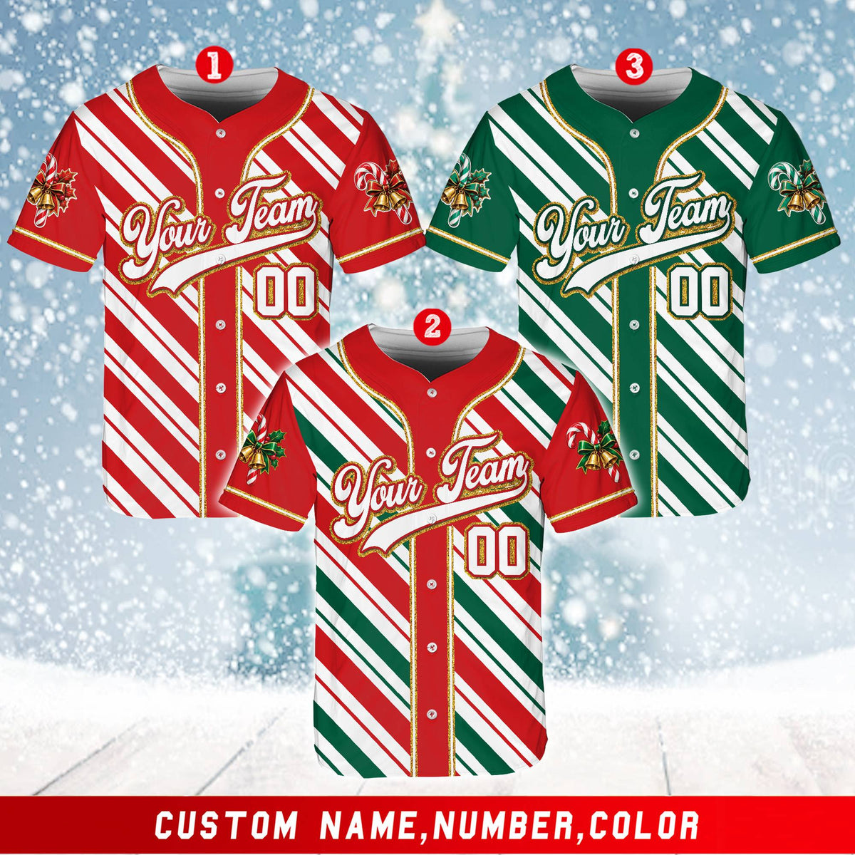 Holiday themed custom baseball jersey, front view 4
