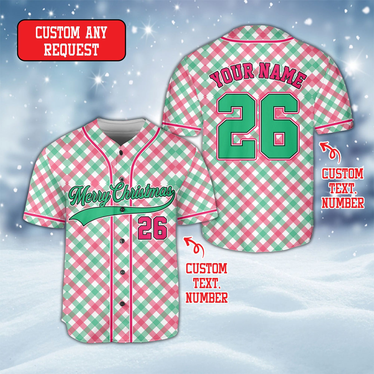 Front view displaying a detailed Christmas tree pattern on the baseball jersey