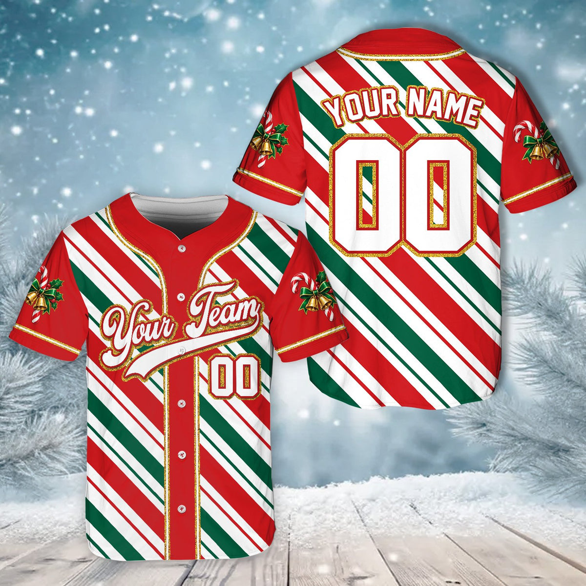 Green and red personalized Christmas baseball jersey, front view 8