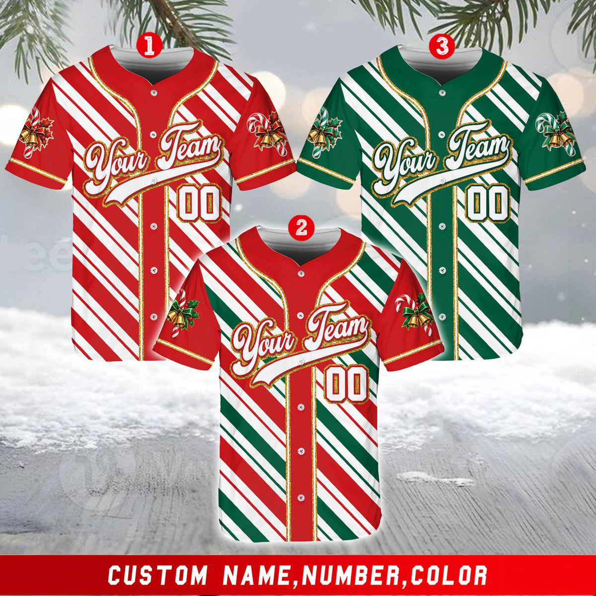 Custom multicolor Christmas baseball jersey, front view 9