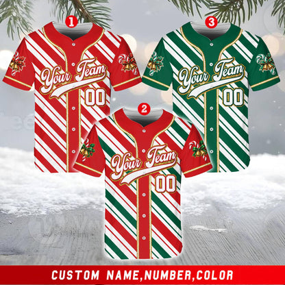 Custom multicolor Christmas baseball jersey, front view 9