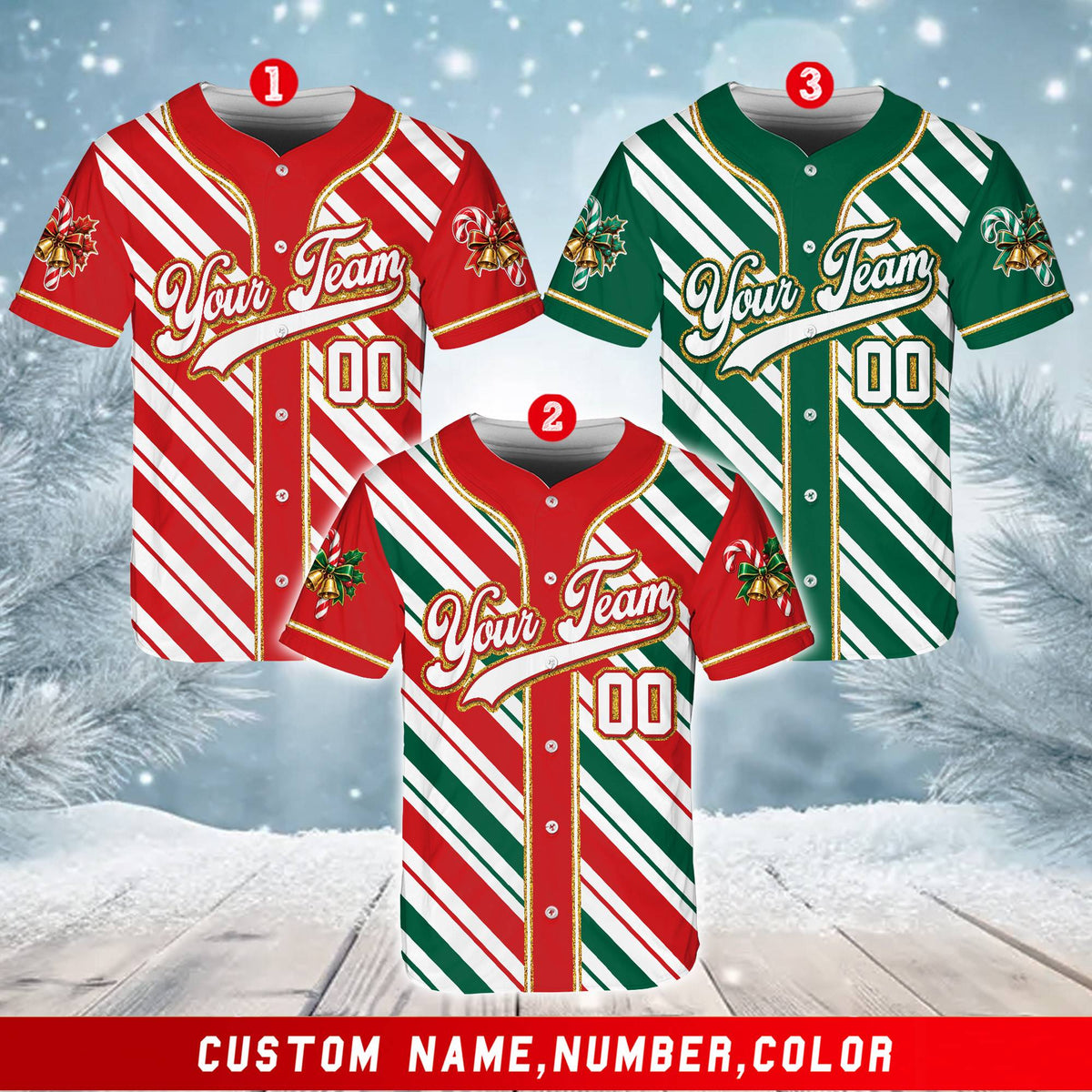 Multicolor candy cane stripe personalized baseball jersey, front view