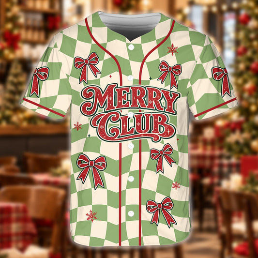 Christmas baseball jersey in green and cream checkerboard with red bows, main view