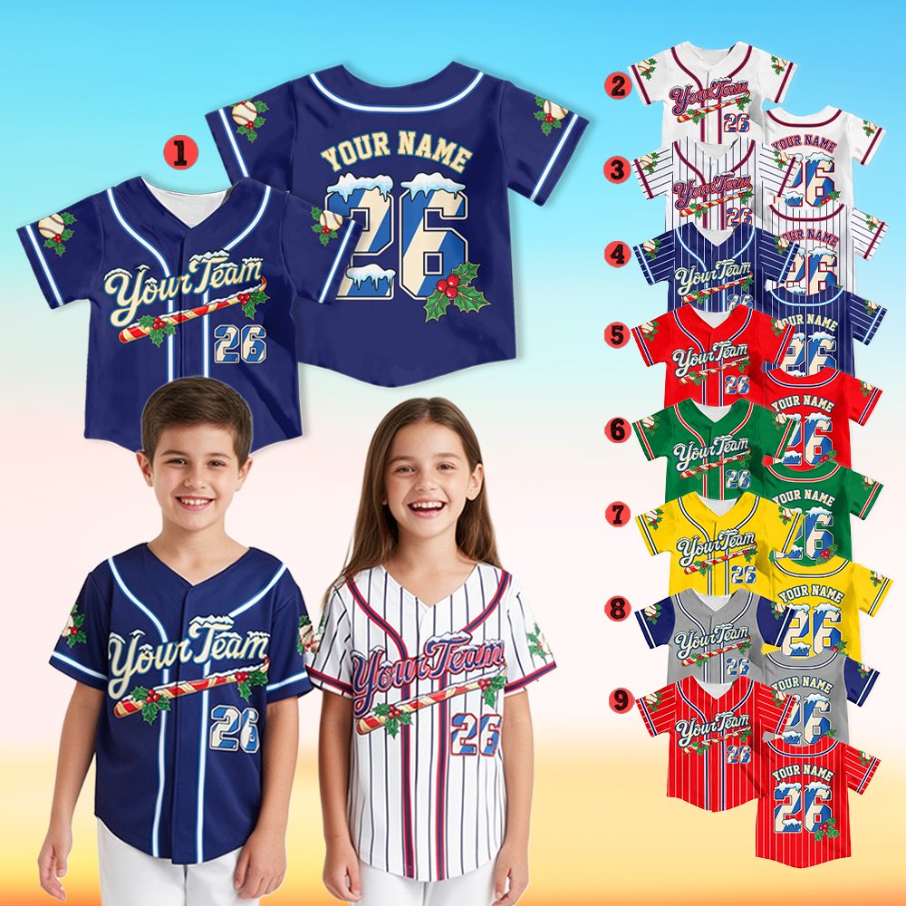 Multicolor personalized christmas baseball jersey front view