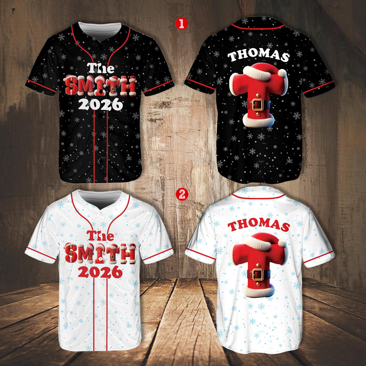 Custom name and number baseball jersey in multicolor holiday design, front view