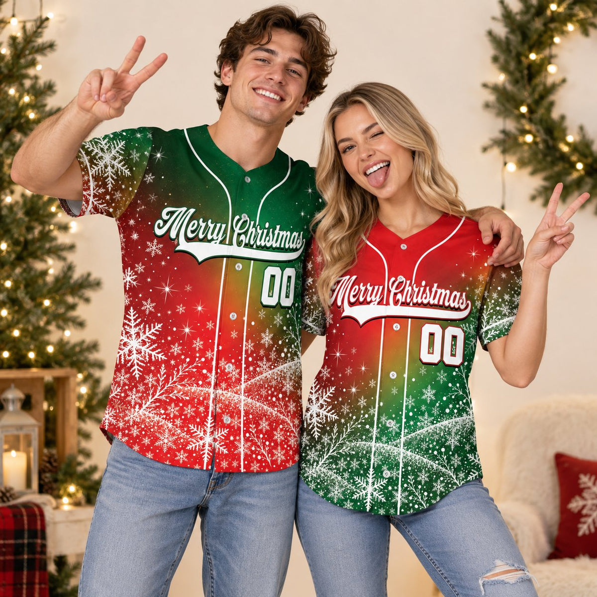 Lifestyle view of the custom name and number holiday baseball jersey