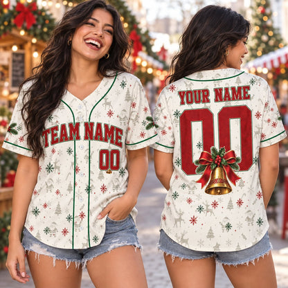 Lifestyle view of adult wearing personalized christmas baseball jersey with festive pattern