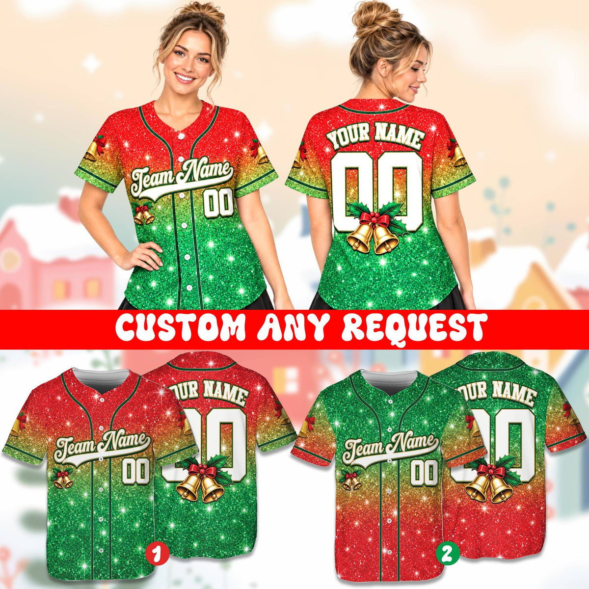 Lifestyle view of a person wearing the personalized christmas baseball jersey
