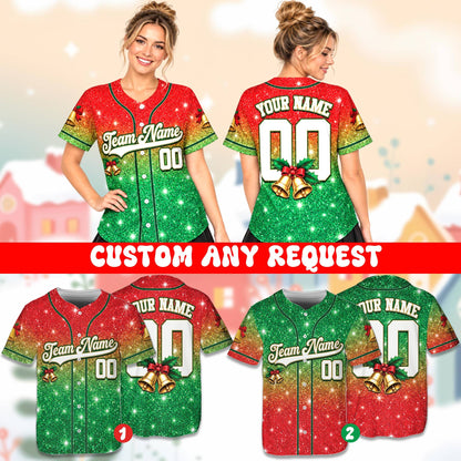 Lifestyle view of a person wearing the personalized christmas baseball jersey